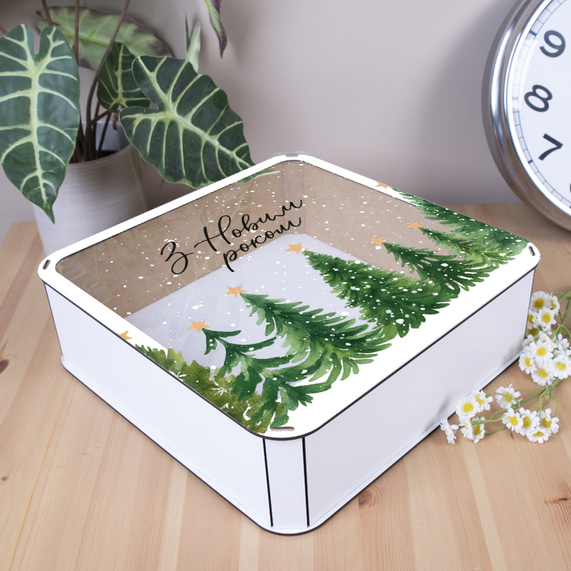 Коробка квадратная 32,5 см белая "с новым годом"